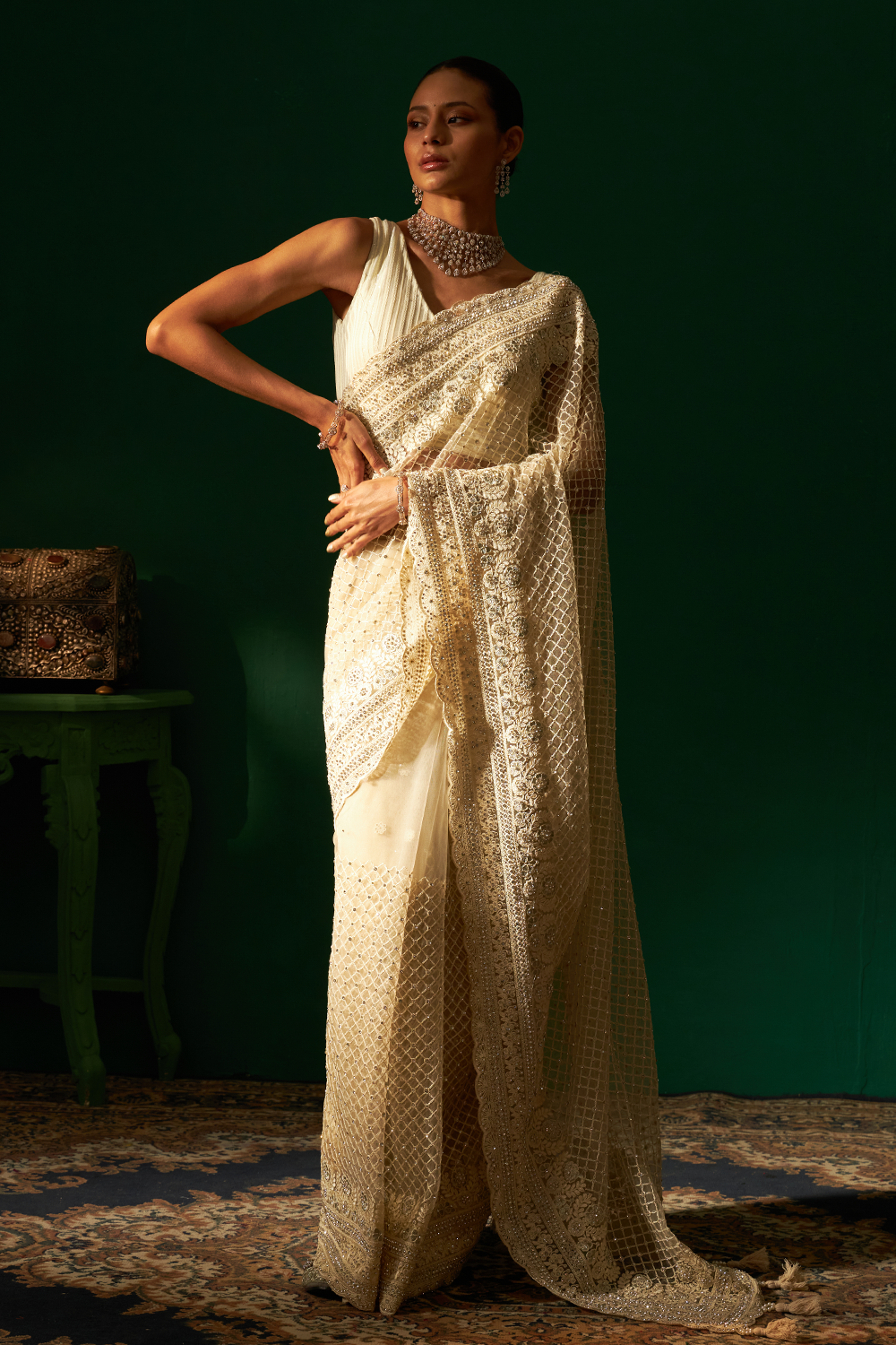 Ivory Saree with Swaroski Crystal Embroidery
