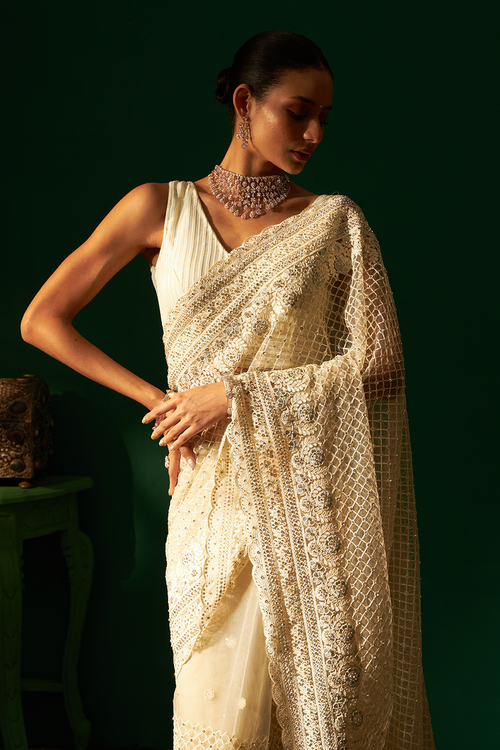 Ivory Saree with Swaroski Crystal Embroidery