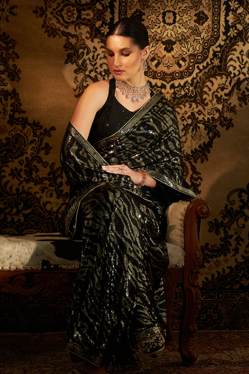 Black Pure Kashmiri Silk Saree