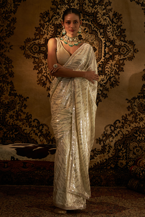 White Silk Satin Chiffon Saree