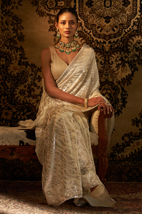White Silk Satin Chiffon Saree