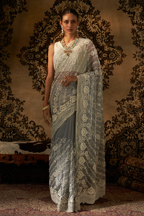 Grey Net Saree with Pearl Work