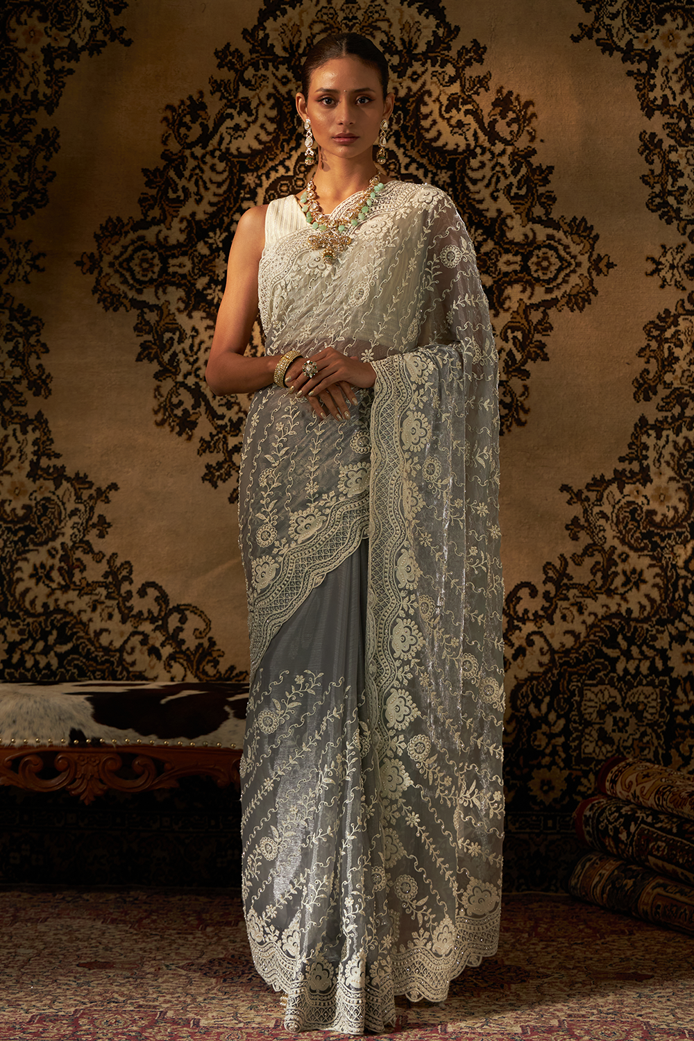 Grey Net Saree with Pearl Work