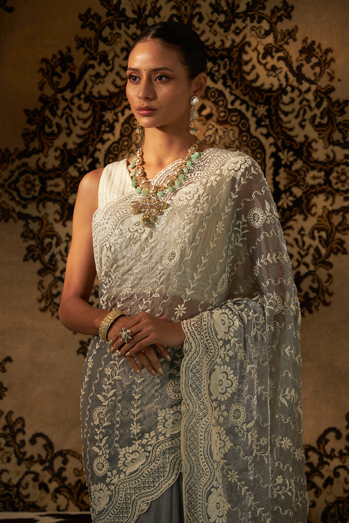 Grey Net Saree with Pearl Work