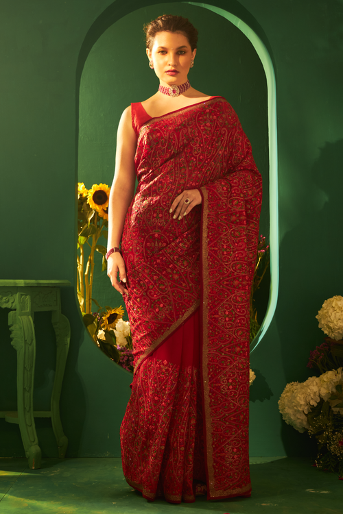 Red Georgette Saree with Kashmiri Embroidery