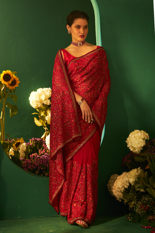 Red Georgette Saree with Kashmiri Embroidery