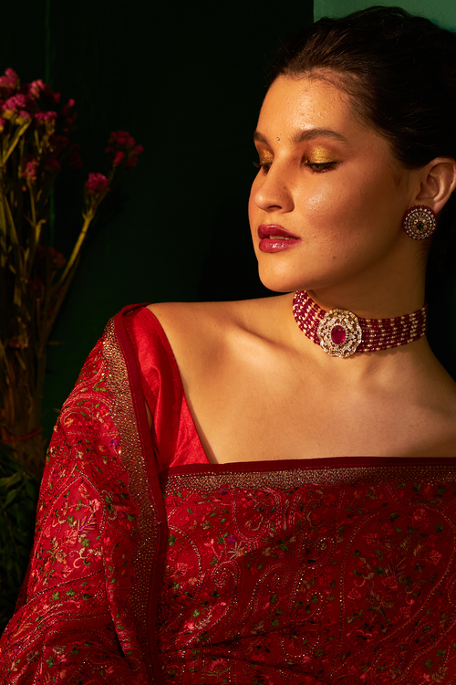 Red Georgette Saree with Kashmiri Embroidery