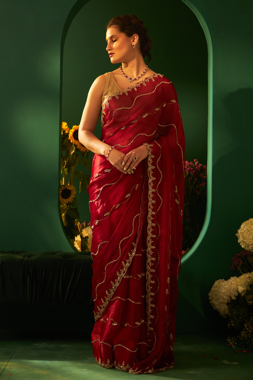 Red Organza Grass Silk Saree