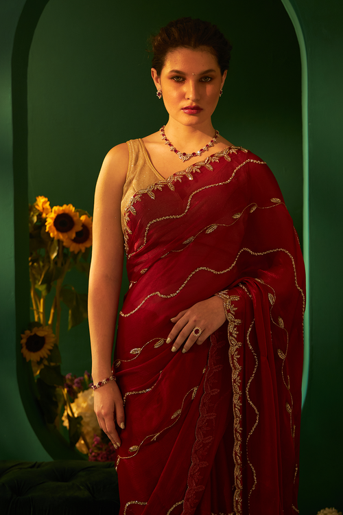 Red Organza Grass Silk Saree