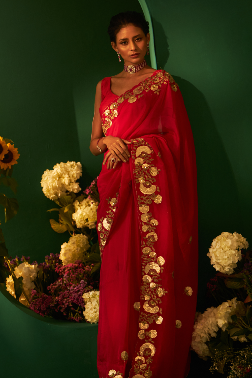Red Silk Saree with Patti Work