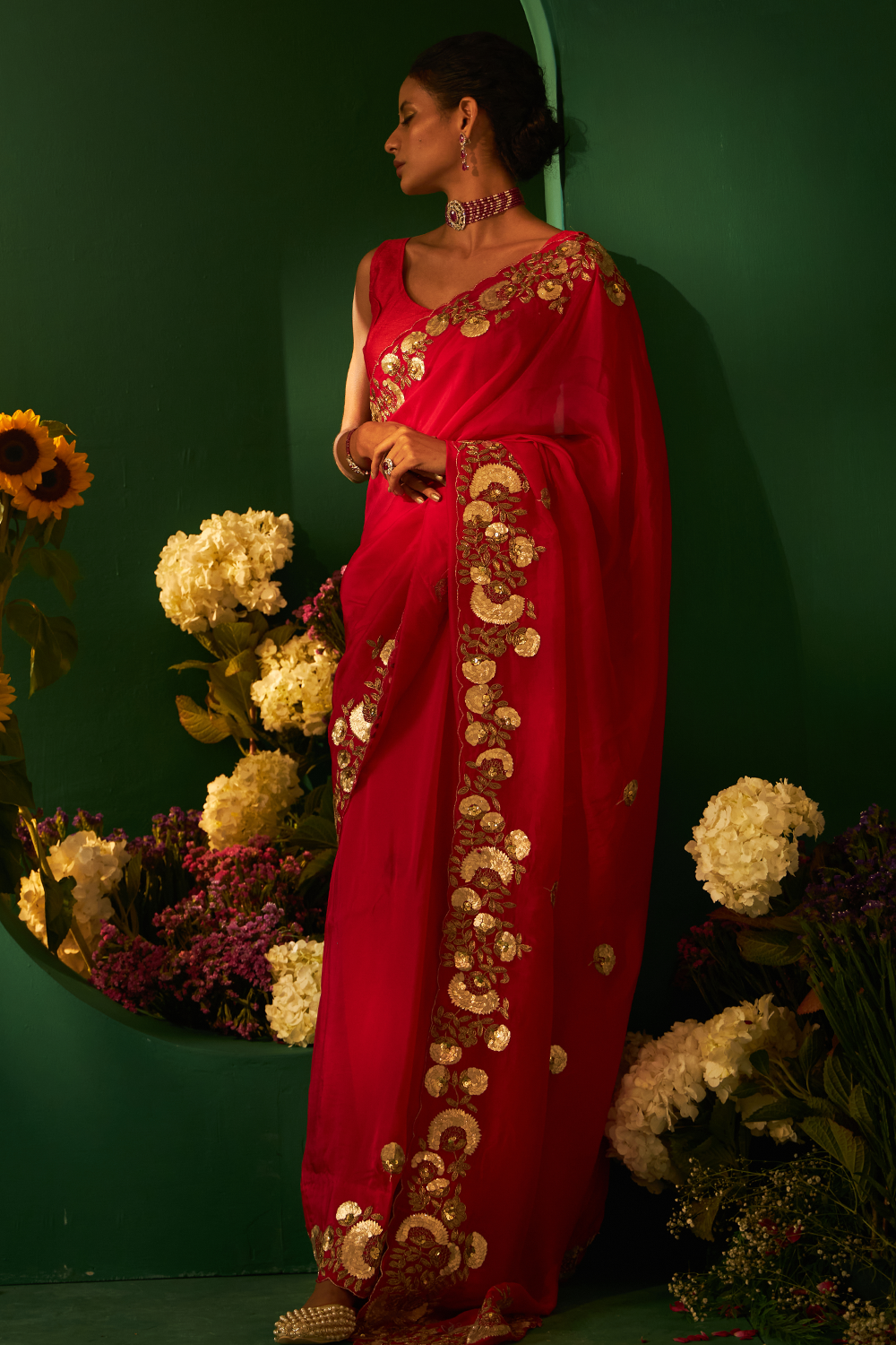 Red Silk Saree with Patti Work