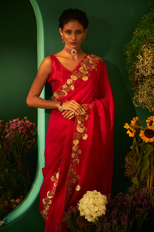 Red Silk Saree with Patti Work