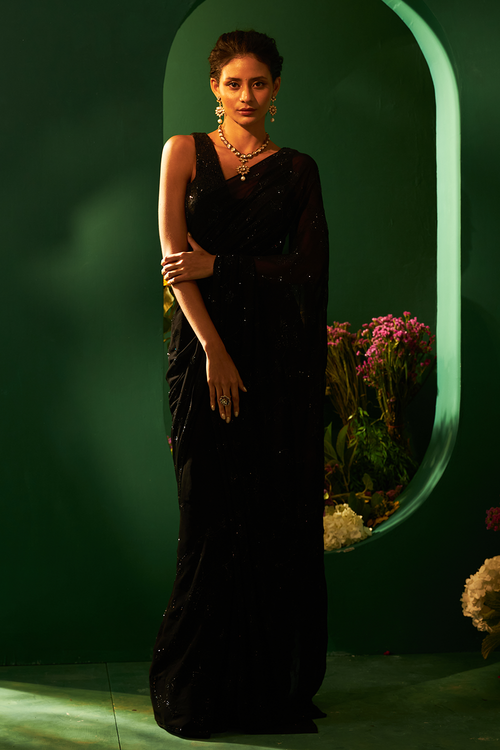 Black Chiffon Saree with Laser Cut Daana Work