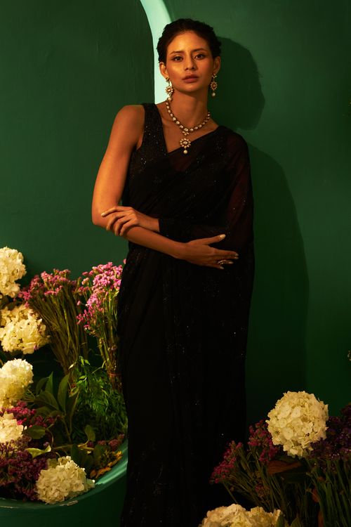 Black Chiffon Saree with Laser Cut Daana Work