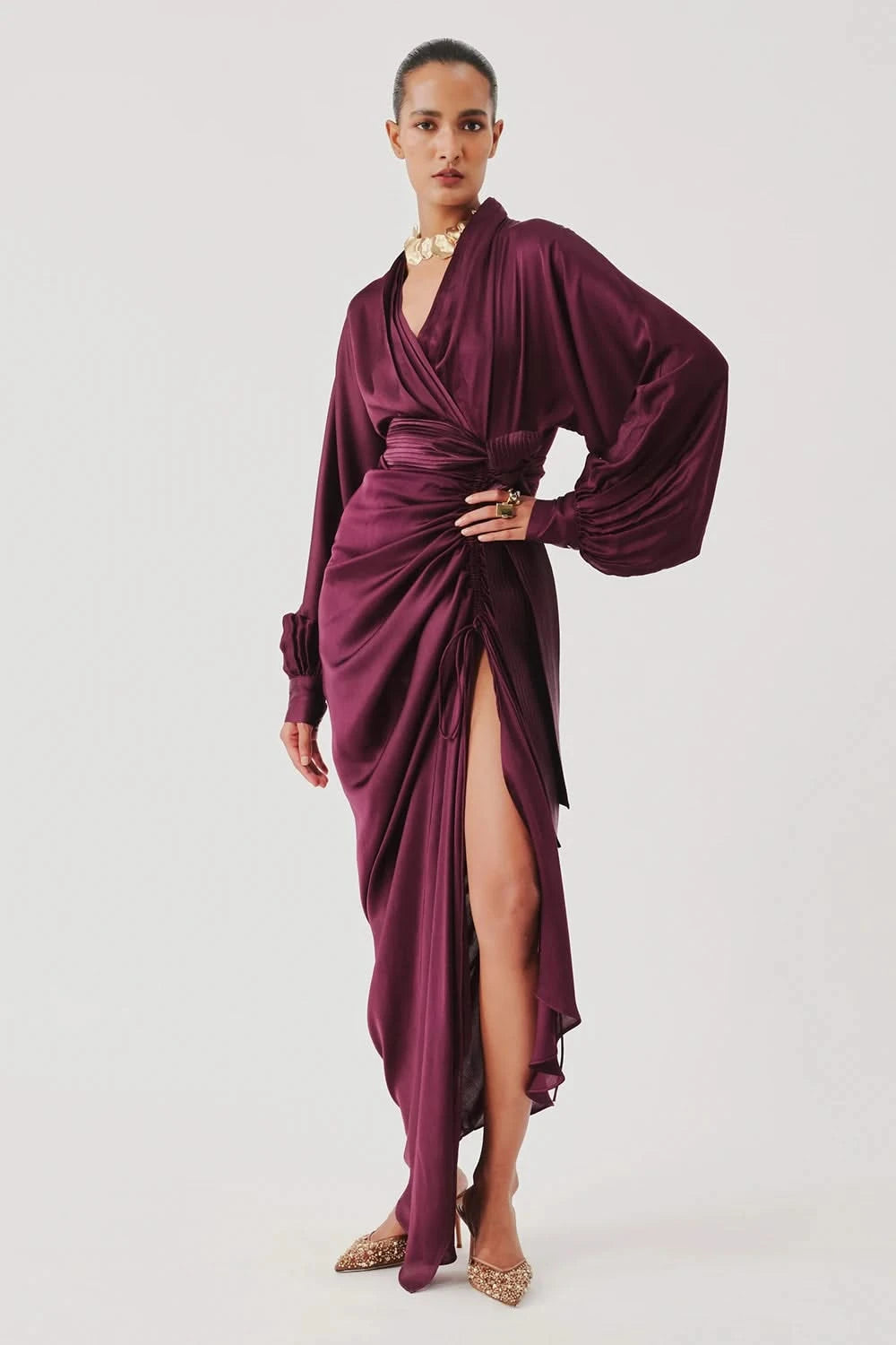 burgundy draped dress Reiss Satin Asymmetric Draped Maxi Dress in Burgundy
