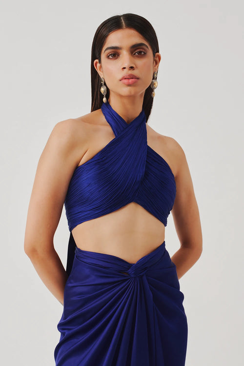 Hope Halter Neck Top in Blue with Elastic Back