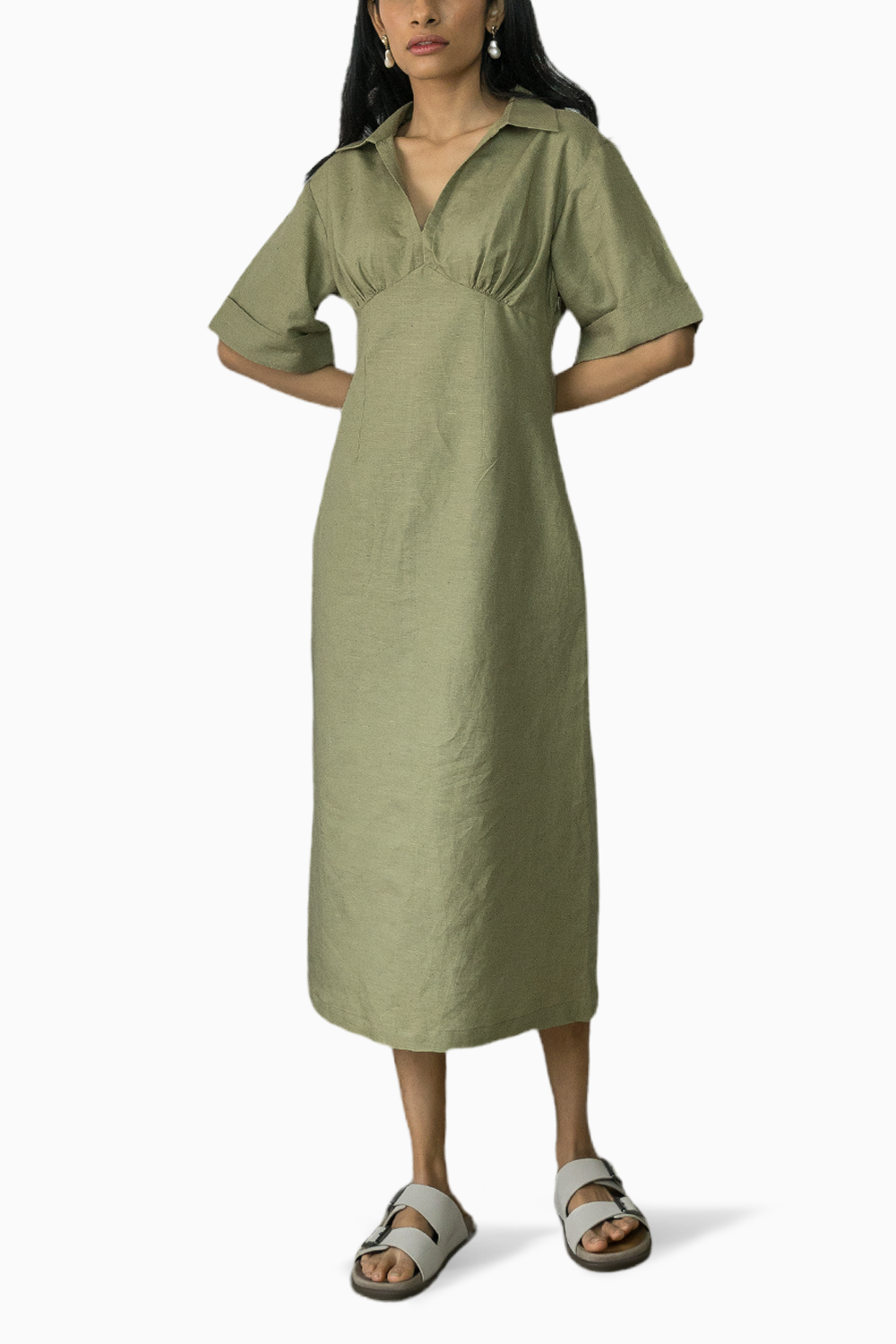 Wide Sleeve Collared Midi Dress