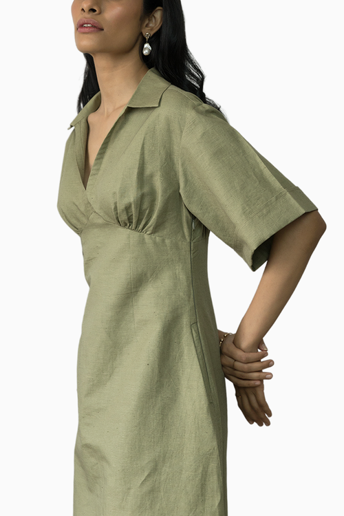 Wide Sleeve Collared Midi Dress
