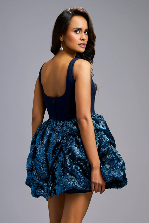 Navy Blue Shimmer Bubble Hem Mini Dress