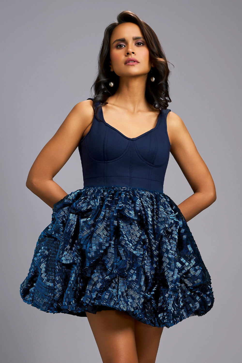 Navy Blue Shimmer Bubble Hem Mini Dress