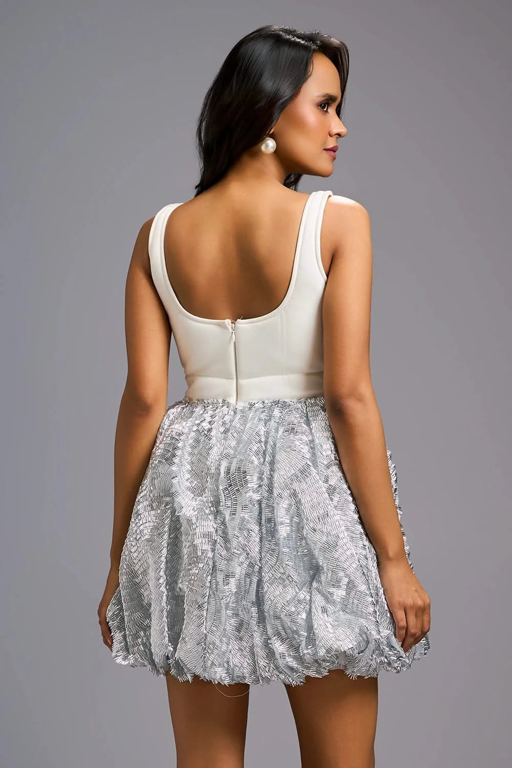 White Shimmer Bubble Hem Mini Dress