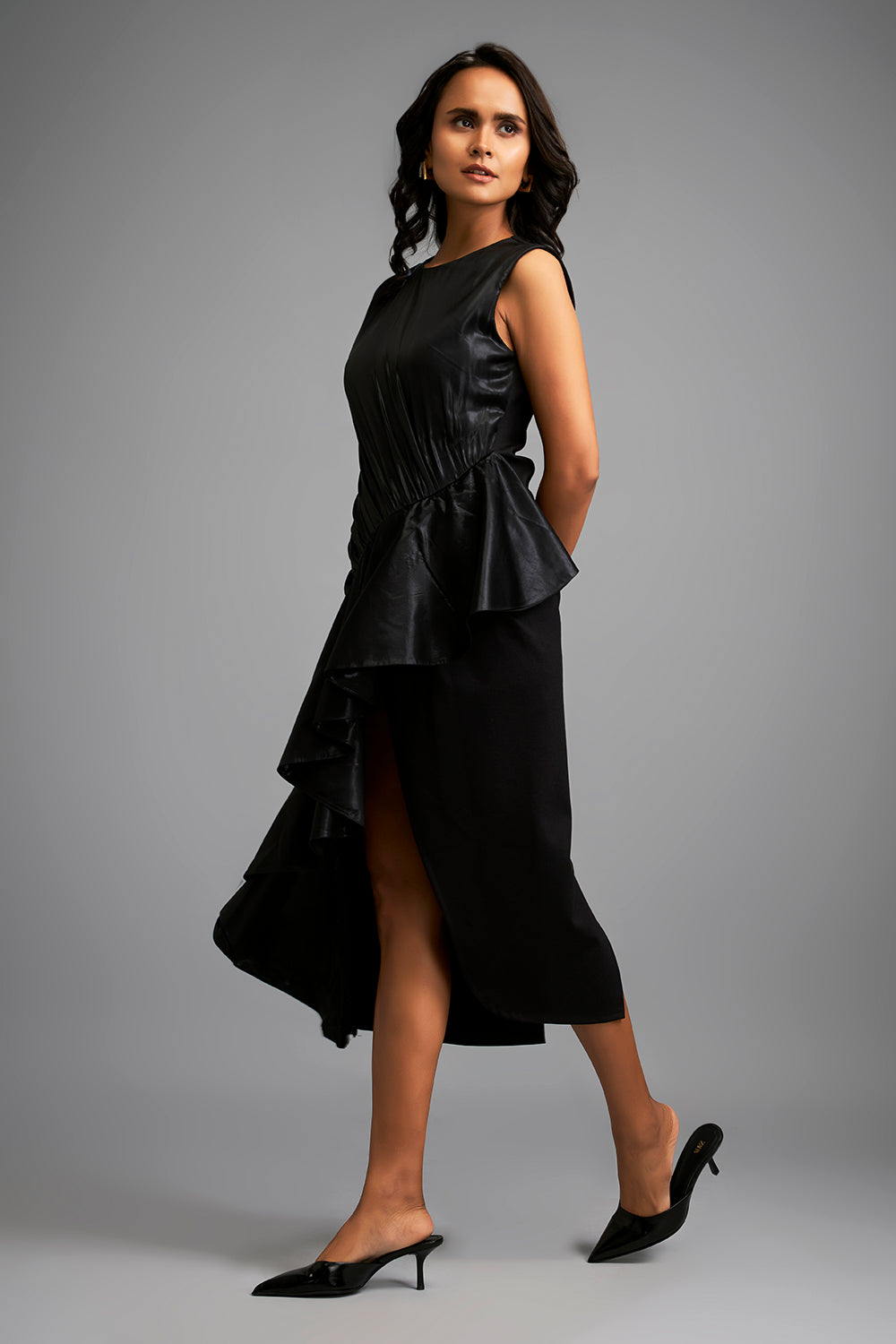 Asymmetrical Ruched Black Dress