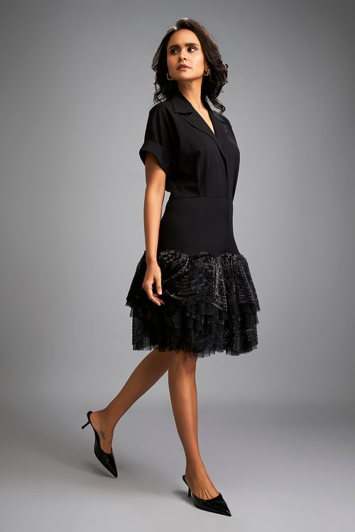Black Shimmer Lapel Jacket Dress