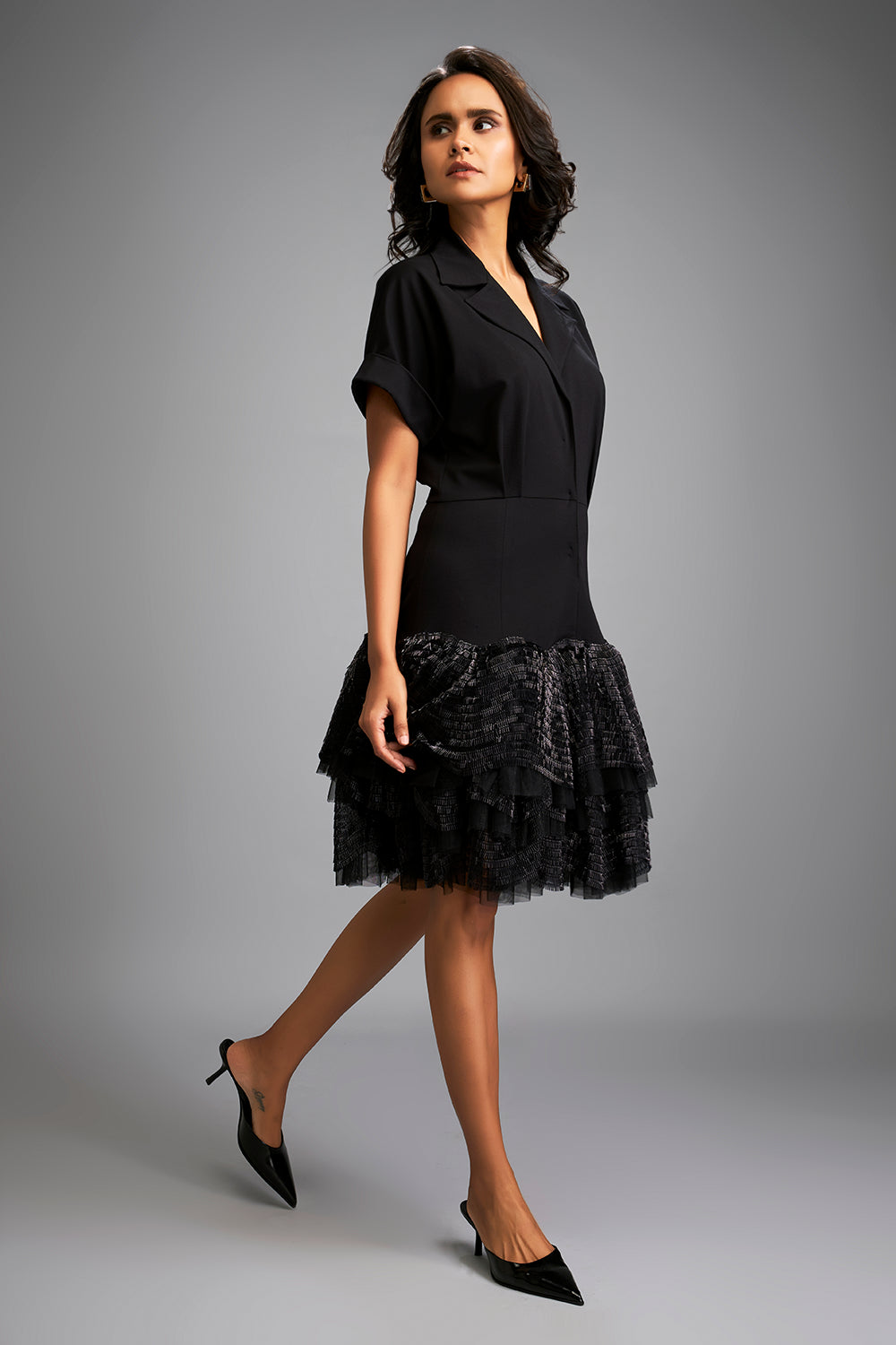 Black Shimmer Lapel Jacket Dress