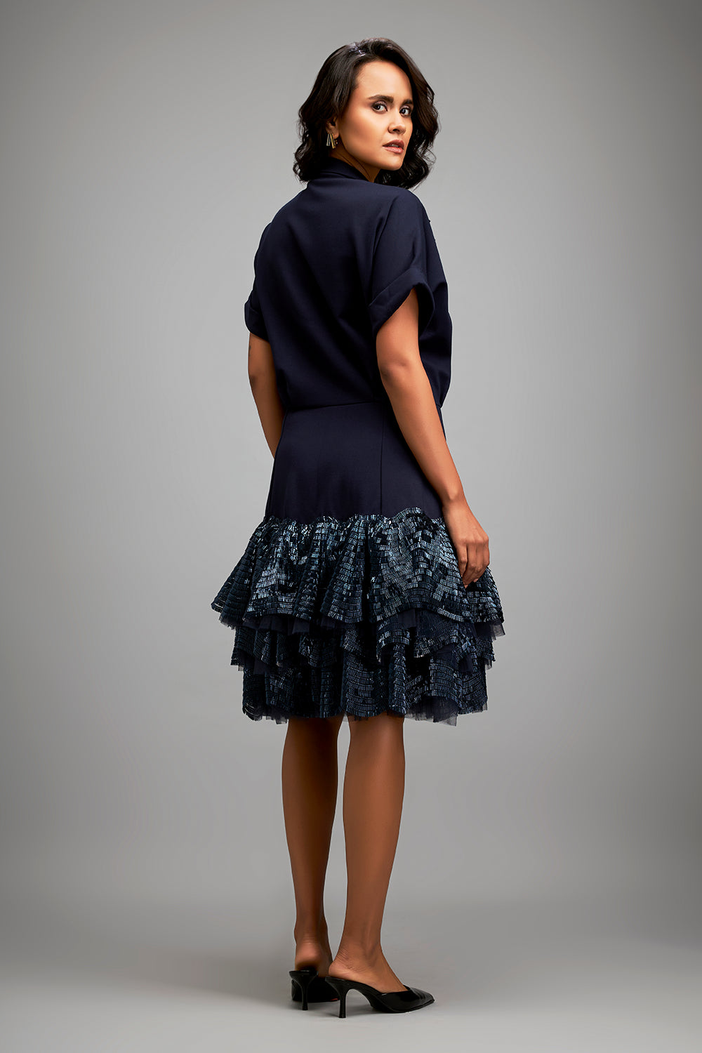 Navy Blue Shimmer Lapel Jacket Dress