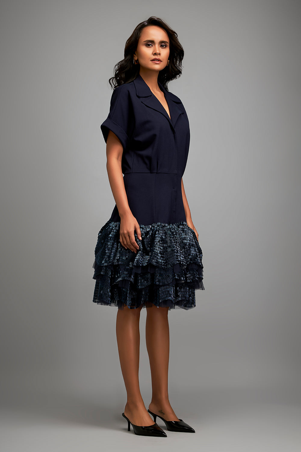 Navy Blue Shimmer Lapel Jacket Dress