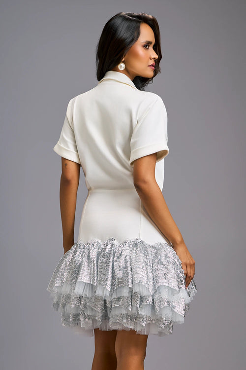 White Lapel Jacket Dress with Layered Shimmer Embroidered Hemline