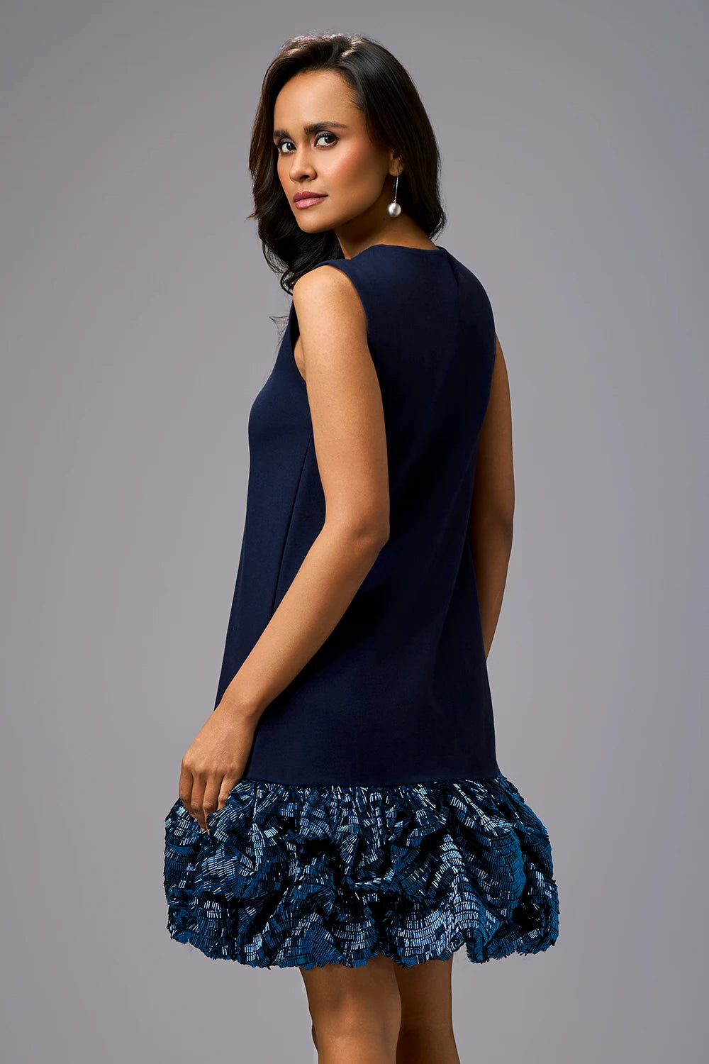 Navy Blue Sleeveless Mini Dress with Ruffled Shimmer Hemline