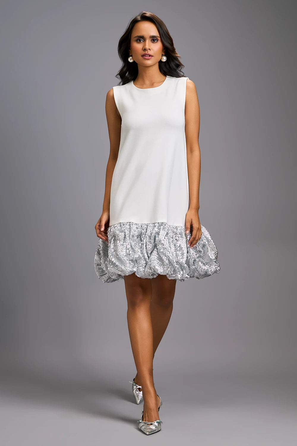 White Sleeveless Mini Dress with Ruffled Shimmer Hemline