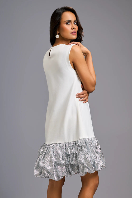 White Sleeveless Mini Dress with Ruffled Shimmer Hemline