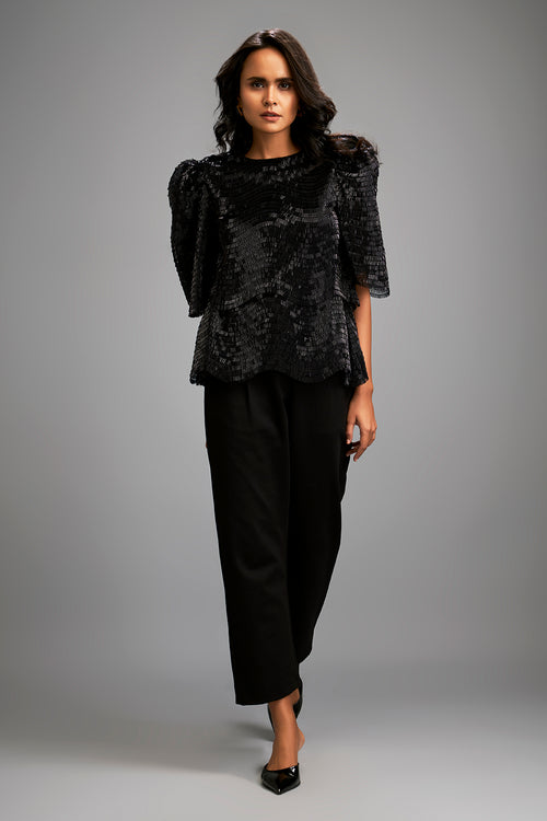 Sculptural Black Shoulder Shimmer Top
