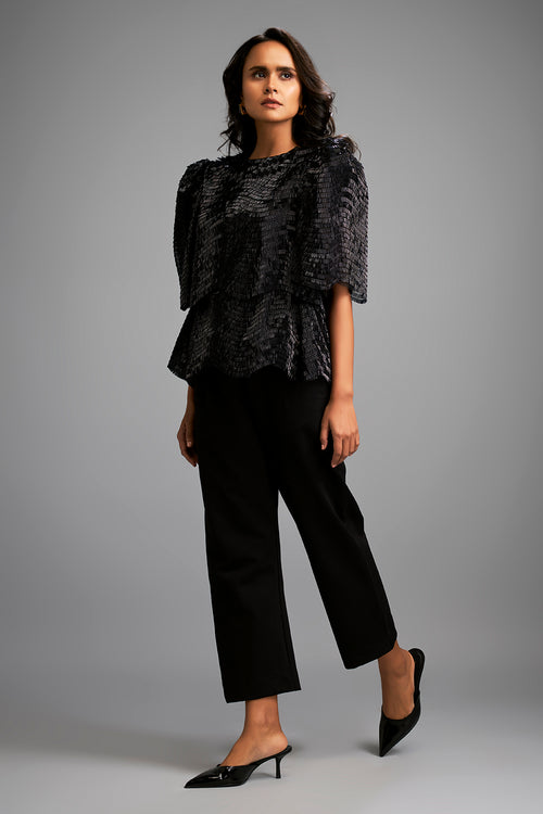 Sculptural Black Shoulder Shimmer Top