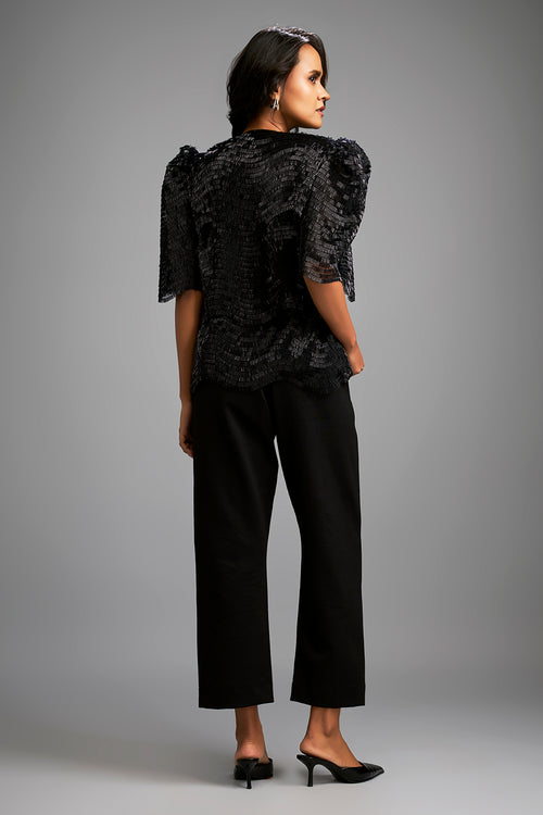Sculptural Black Shoulder Shimmer Top