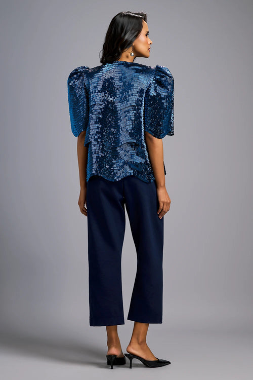 Navy Blue Textured Shimmer Sculptural Shoulders Top with Cropped Pants