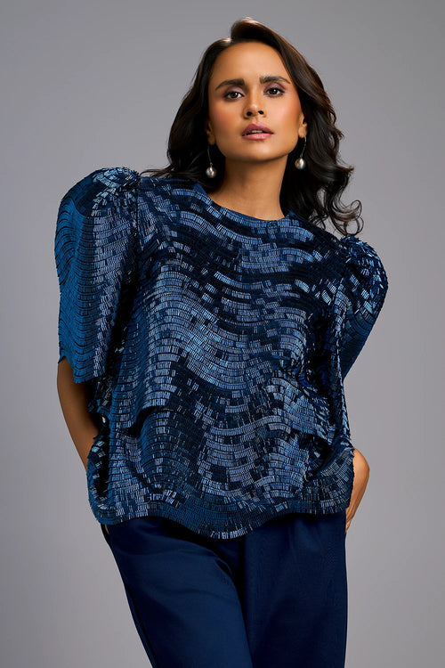 Navy Blue Textured Shimmer Sculptural Shoulders Top with Cropped Pants