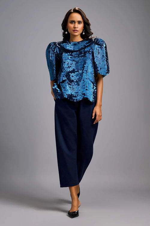Navy Blue Textured Shimmer Sculptural Shoulders Top with Cropped Pants