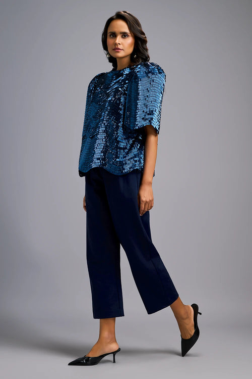 Navy Blue Textured Shimmer Sculptural Shoulders Top with Cropped Pants