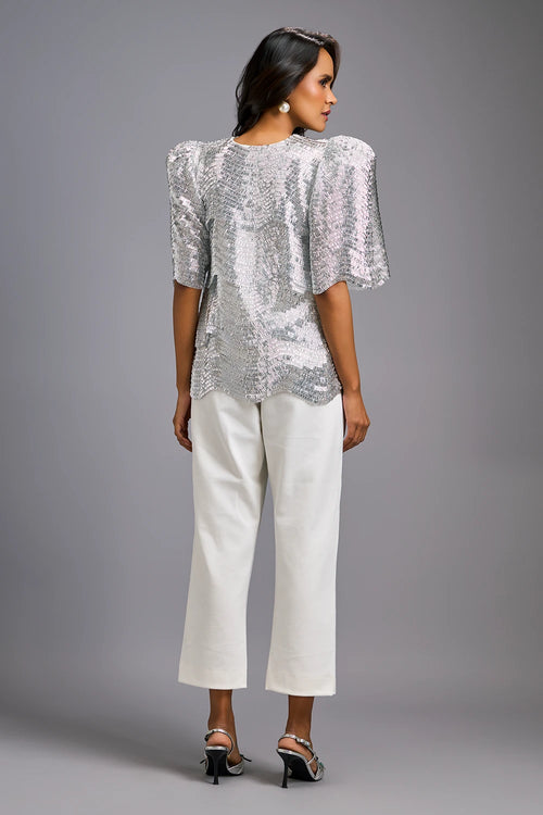 White Textured Shimmer Sculptural Shoulders Top with Cropped Pants