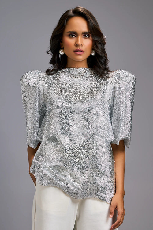 White Textured Shimmer Sculptural Shoulders Top with Cropped Pants