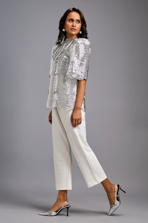 White Textured Shimmer Sculptural Shoulders Top with Cropped Pants