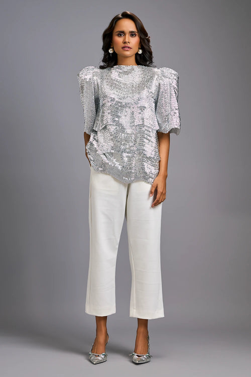 White Textured Shimmer Sculptural Shoulders Top with Cropped Pants