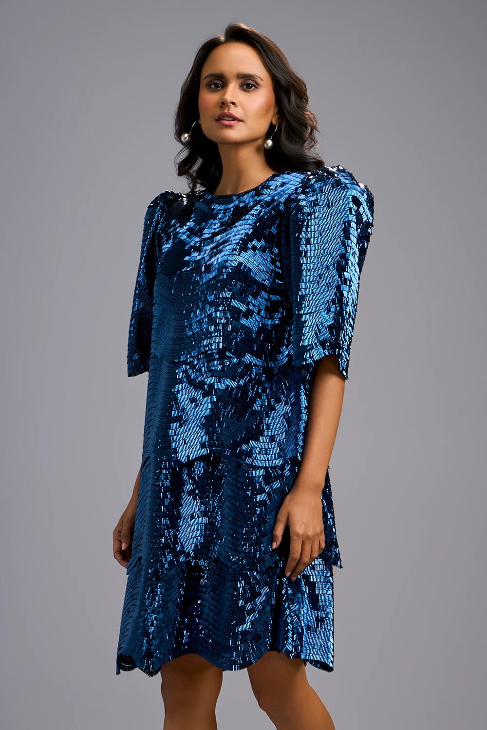 Navy Blue Shimmer Knee-Length Dress with Round Neckline