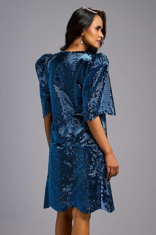 Navy Blue Shimmer Knee-Length Dress with Round Neckline