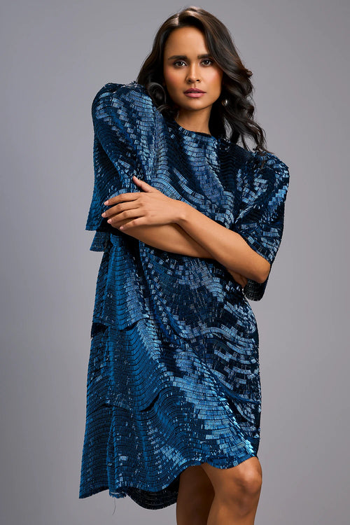 Navy Blue Shimmer Knee-Length Dress with Round Neckline
