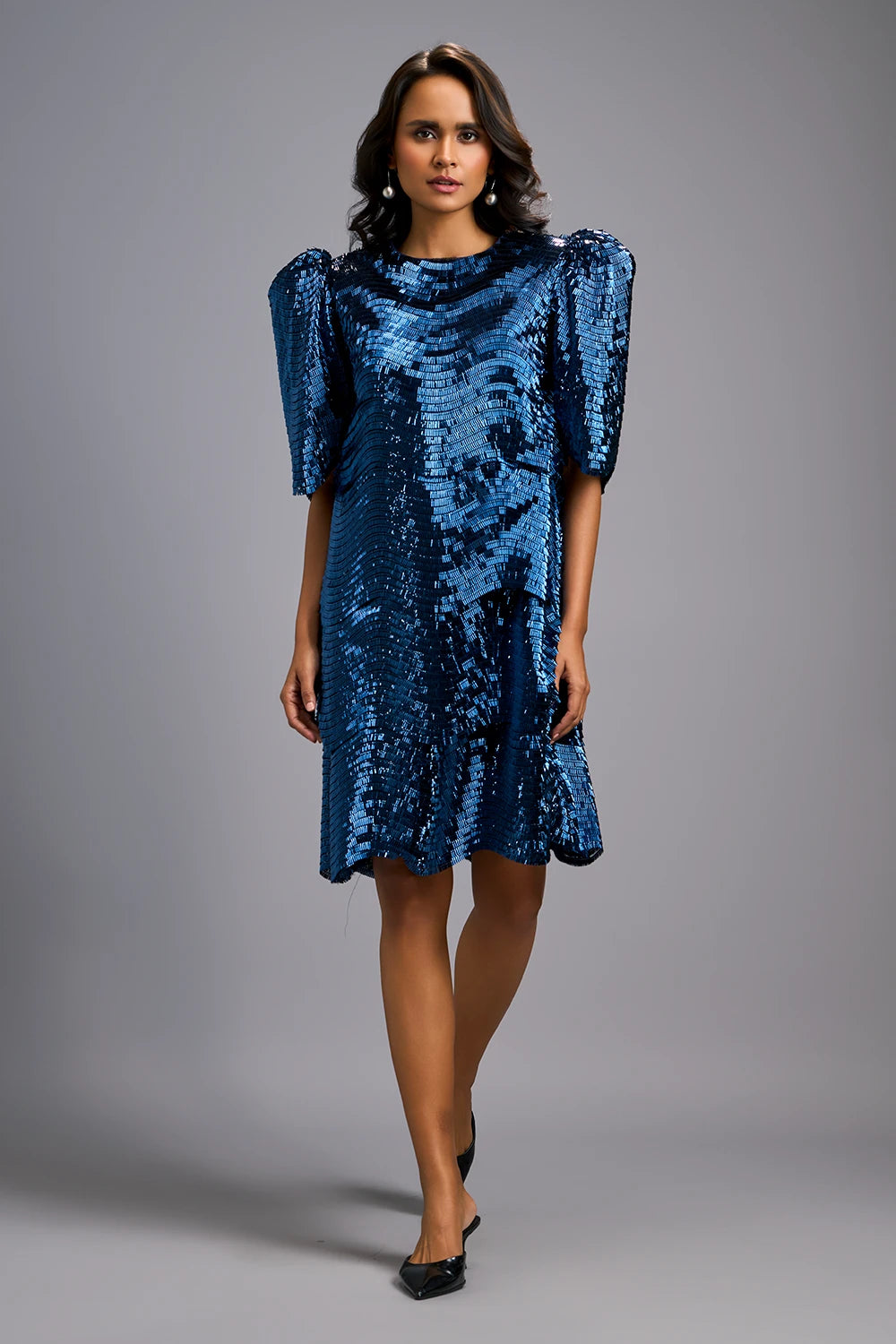 Navy Blue Shimmer Knee-Length Dress with Round Neckline