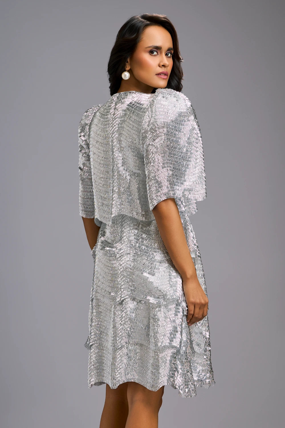 White Shimmer Knee-Length Dress with Round Neckline